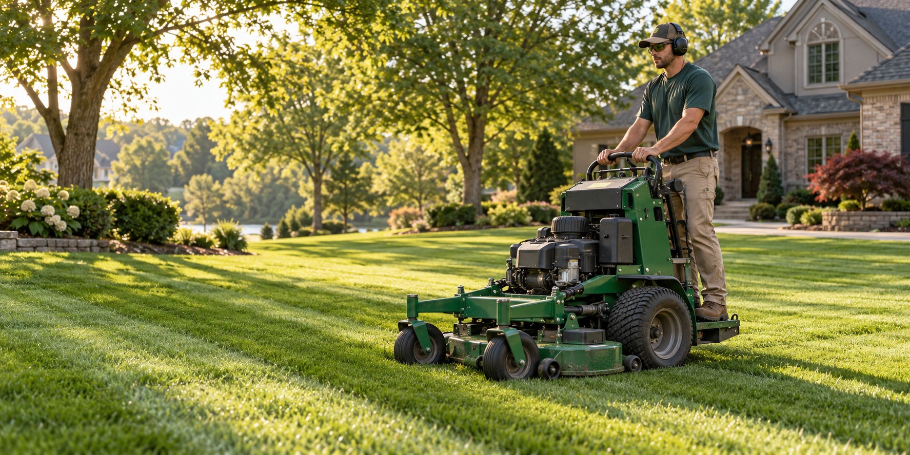Lawn care illustration showing a mower on a green residential lawn